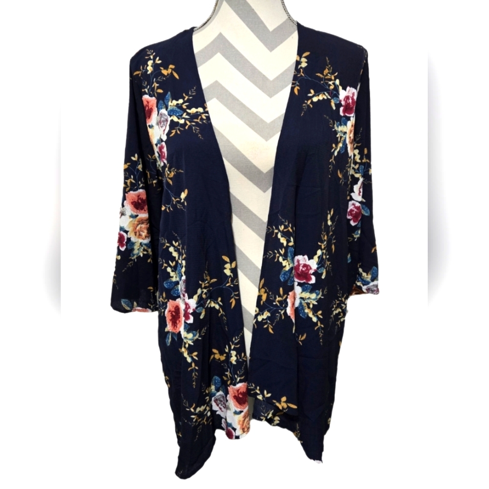 Floral Navy Blue Kimono Duster Coverup Medium NWT